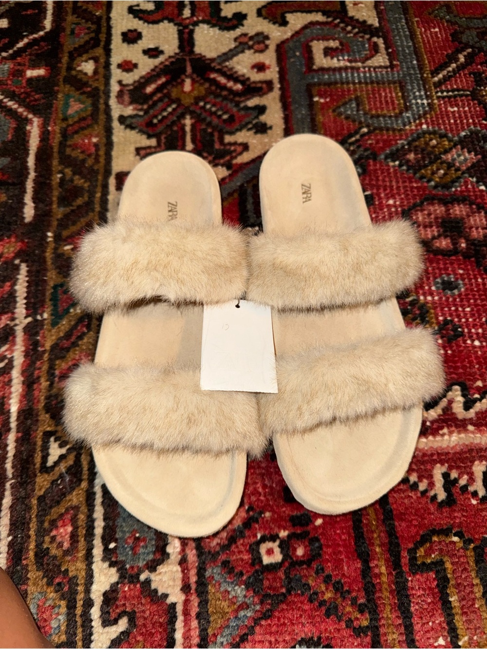 Zara Cream Faux-Fur Double Strap Slide Sandals